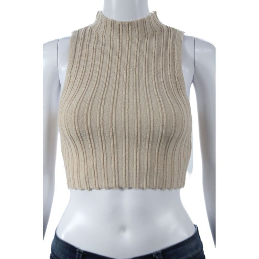 Hera Collection Women Cropped Beige Tank Mock Neck Sleeveless Acrylic Size M